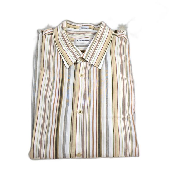 Calvin Klein Long Sleeve Dress Shirt Mens XL Button Down Striped Brown White Red - Picture 6 of 9